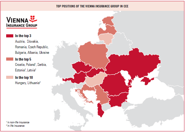 Top positions of the Vienna Insurance Group in CEE (map)
