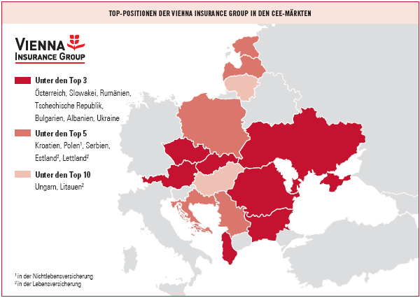 Top-Positionen der Vienna Insurance Group in den CEE Märkten (Landkarte)